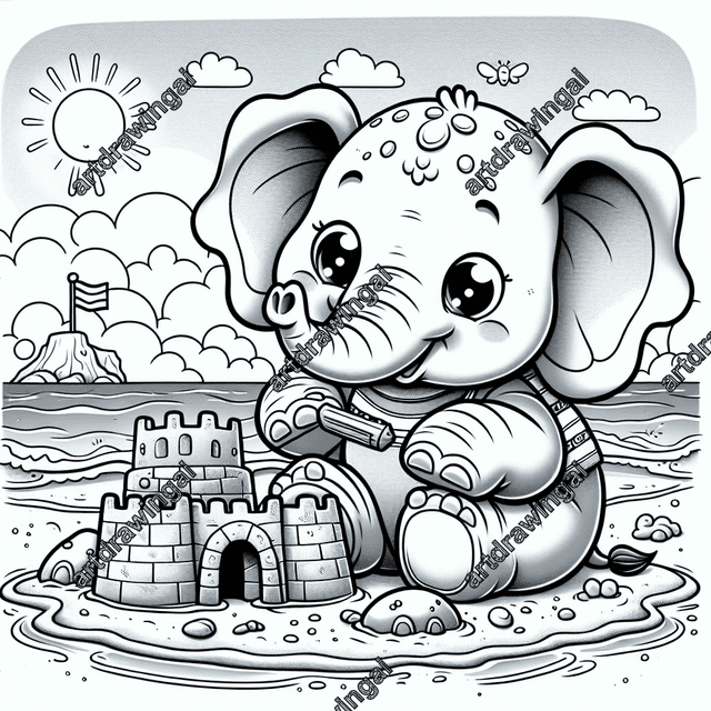 Playful cartoon illustration of an energetic baby elephant building a sandcastle at the beach, with large ears, tiny tusks, and a look of determination. The scene features a bright blue sea and shining sun, showcasing intricate sandcastle details like turrets, a drawbridge, and a flag. Perfect for coloring fun.