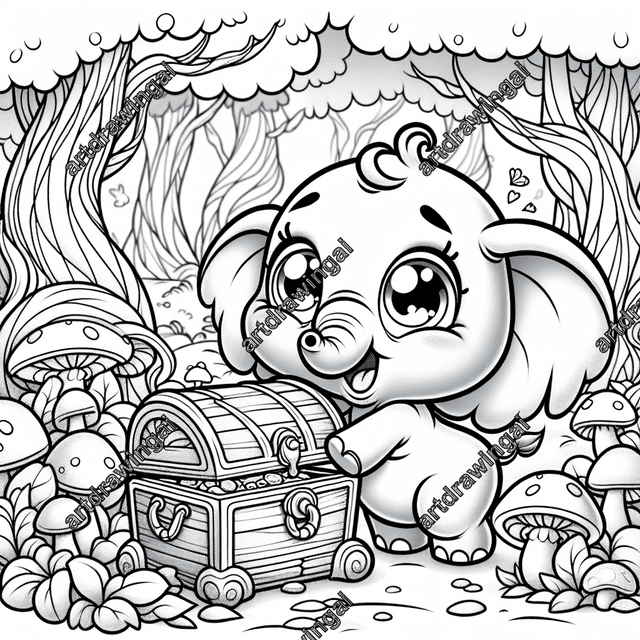 Adorable cartoon elephant with wide, curious eyes discovering a treasure chest in a fanciful forest of winding trees and oversized mushrooms, featuring whimsical details suitable for coloring.