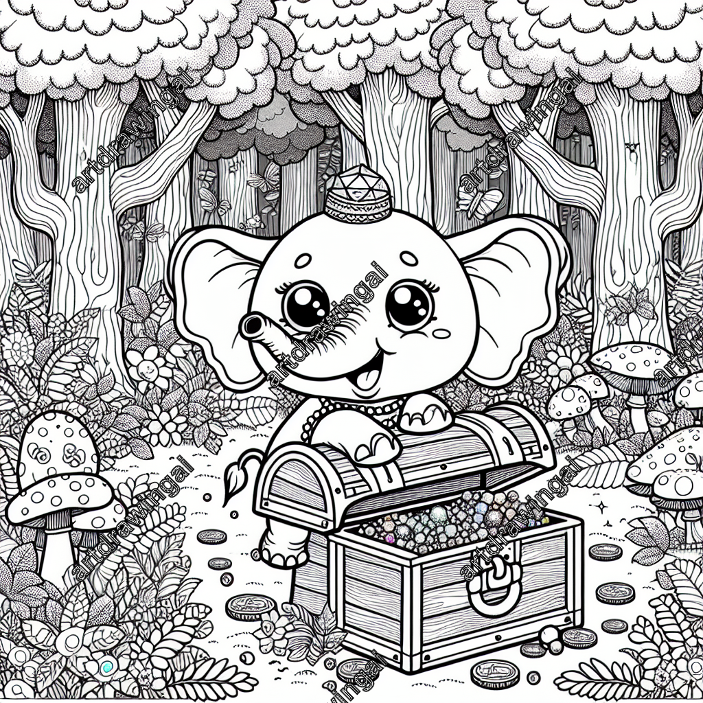 Cartoon-style elephant with playful eyes and curved tusks exploring a gem-studded treasure chest filled with pearls and coins, surrounded by a whimsical forest of spiral-barked trees, dotted mushrooms, vibrant flowers, and fluttering butterflies and fireflies. Coloring page design with clear outlines.