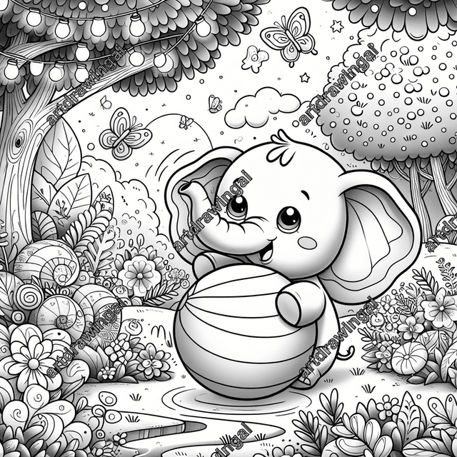 Playful cartoon elephant bouncing a ball in an enchanted garden filled with blooming flowers, butterflies, whimsical trees, and fairy lights. High contrast monochrome illustration encourages easy coloring and creativity.