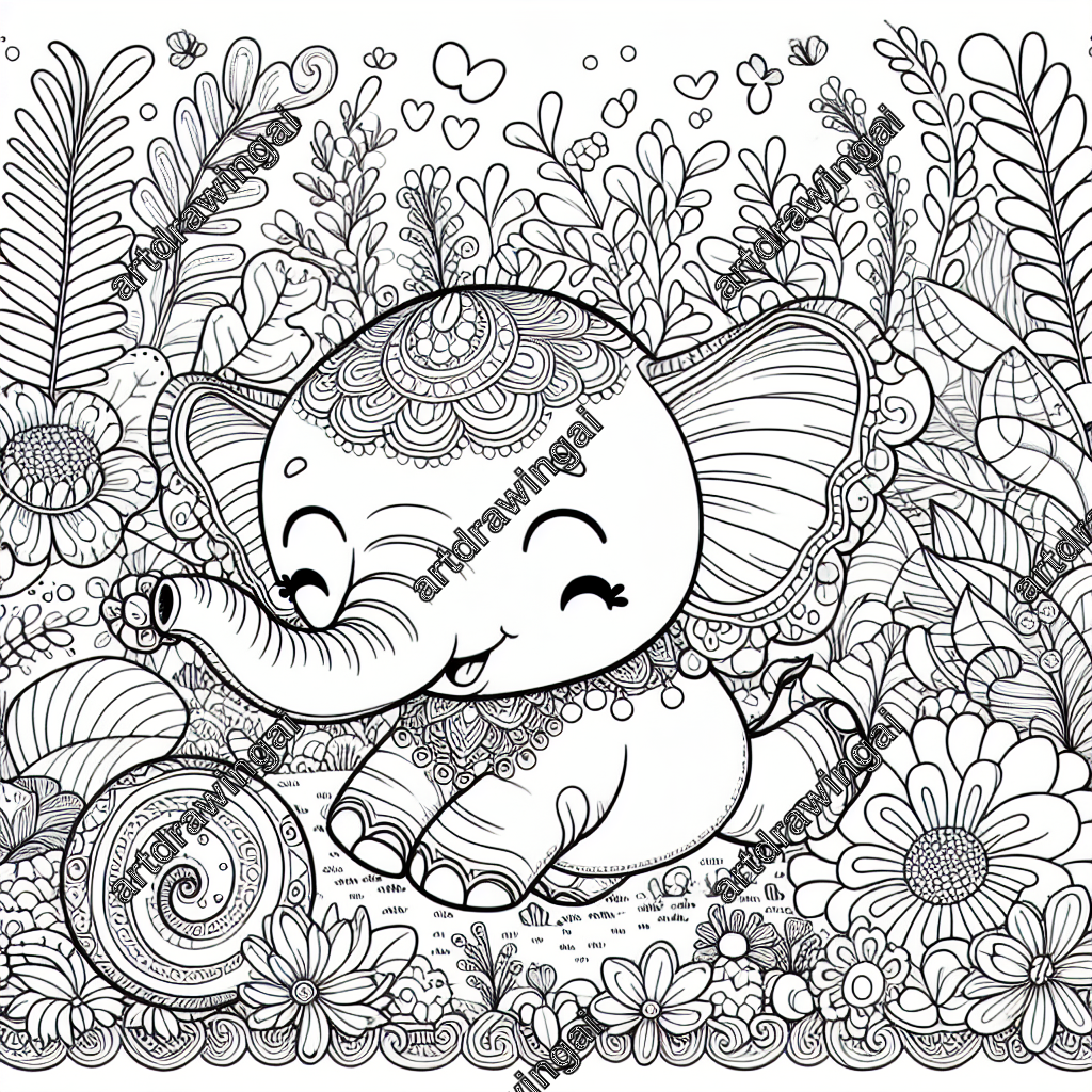 Whimsical cartoon elephant playing with a ball in a magical garden filled with exotic plants and flowers, designed for coloring activities.