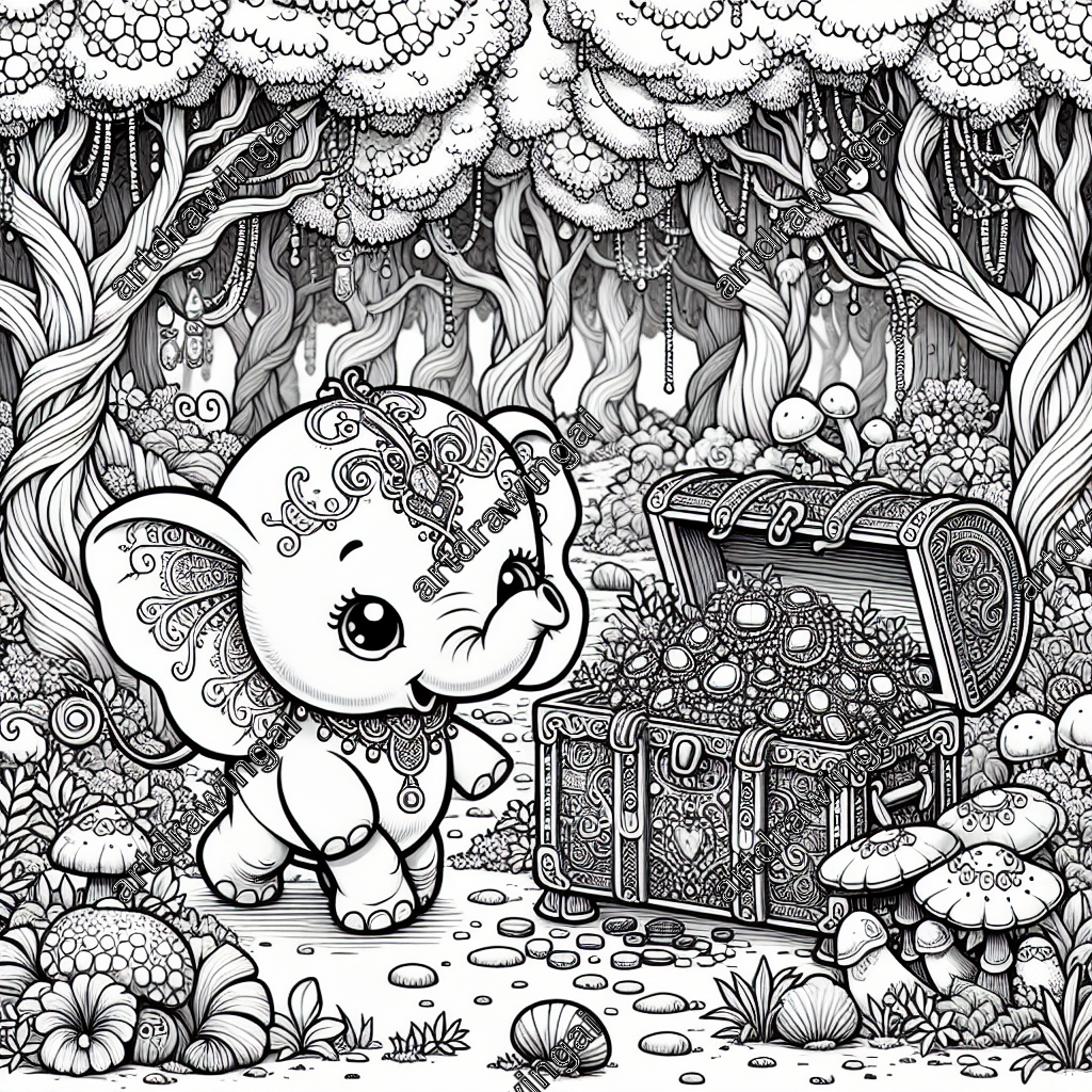 Charming cartoon elephant exploring a whimsical forest with an ornate treasure chest, surrounded by twisting trees, mushrooms, and delicate flowers, perfect for coloring.