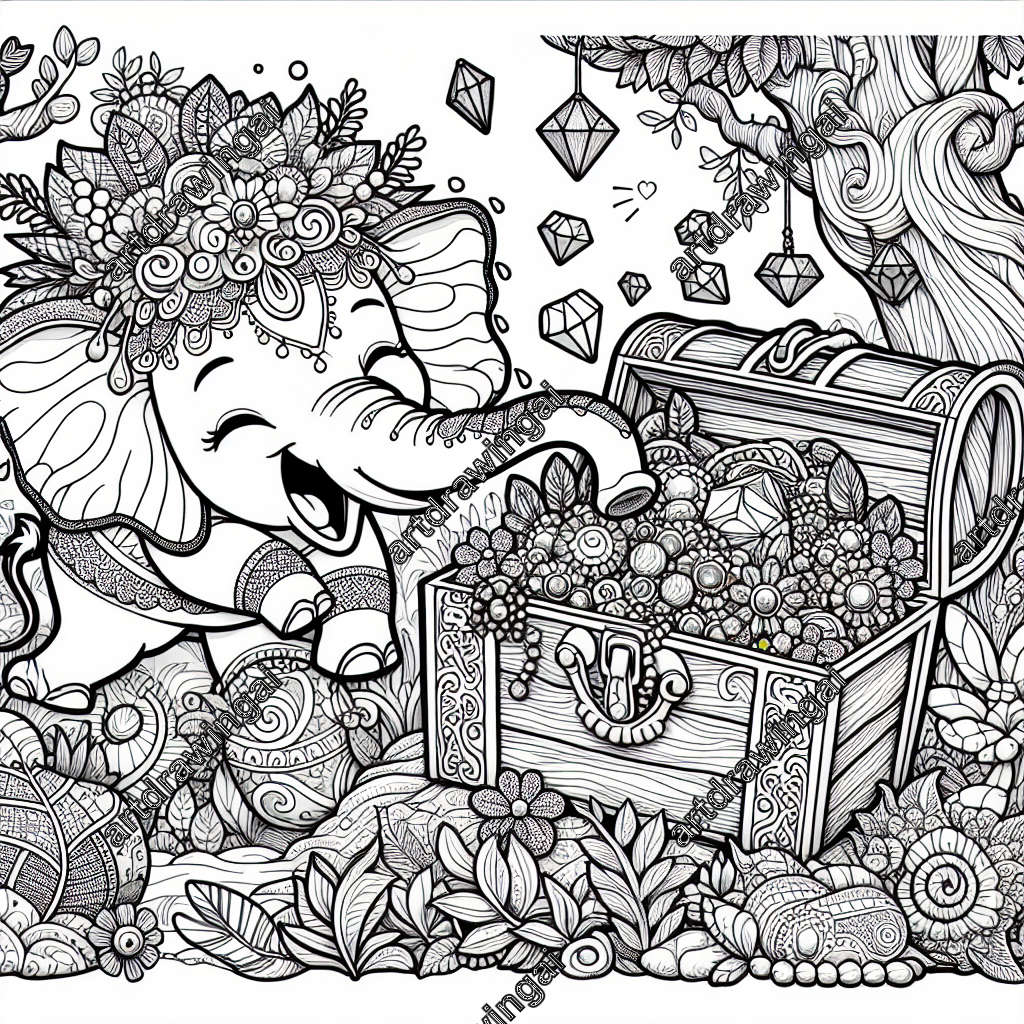 Intricate line drawing of a cartoon elephant exploring a treasure chest filled with gems and gold in a whimsical forest, featuring detailed expressive features and surrounding imaginative flora and fauna, perfect for a joyful coloring experience.