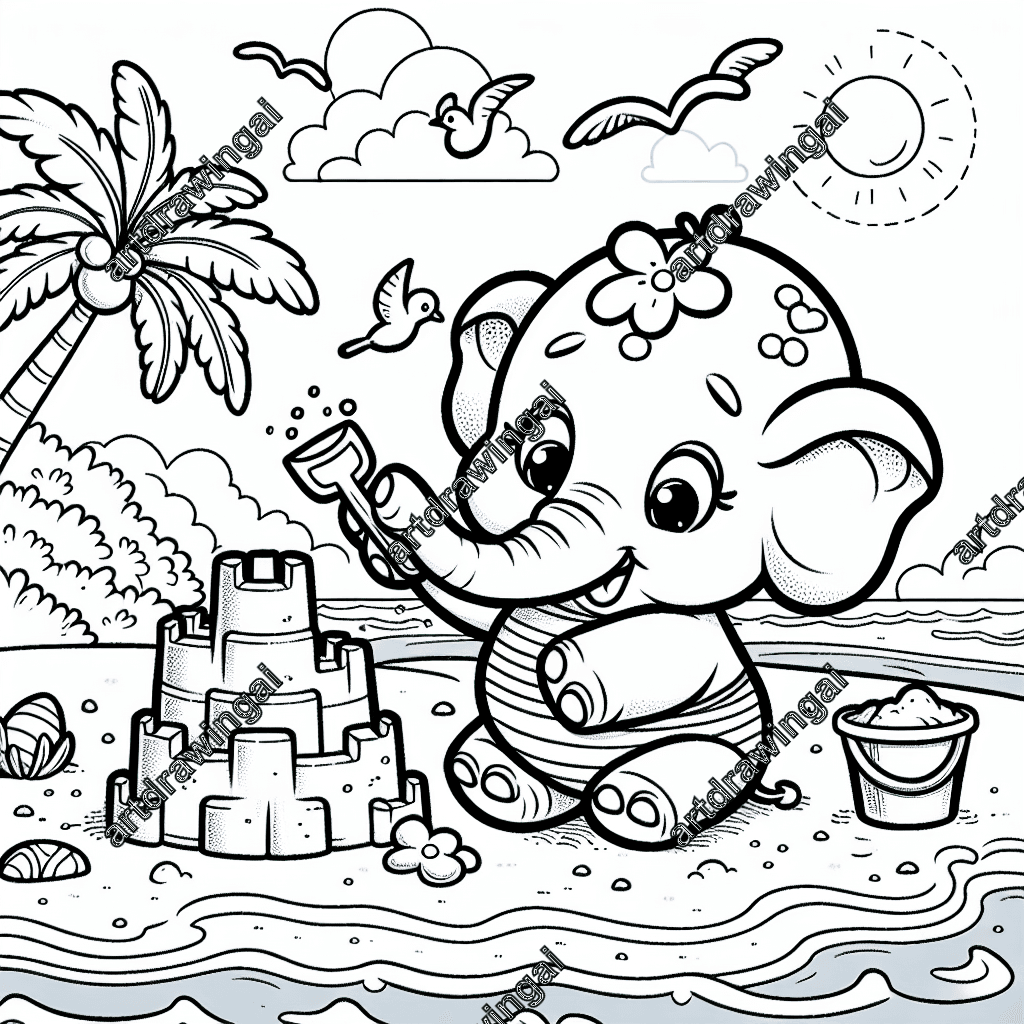 Cute cartoon elephant building a sandcastle at a sunny beach, featuring a small shovel and bucket, with gentle waves, flying seagulls, and palm trees in the background; detailed black and white line drawing for coloring.