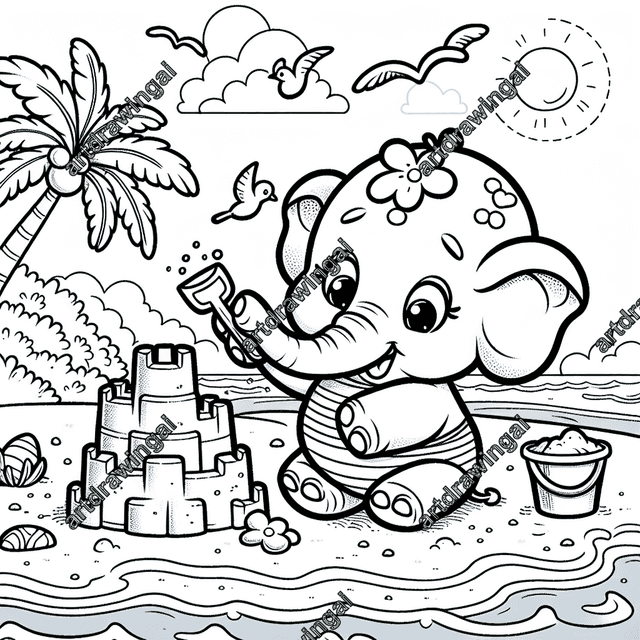 Cute cartoon elephant building a sandcastle at a sunny beach, featuring a small shovel and bucket, with gentle waves, flying seagulls, and palm trees in the background; detailed black and white line drawing for coloring.