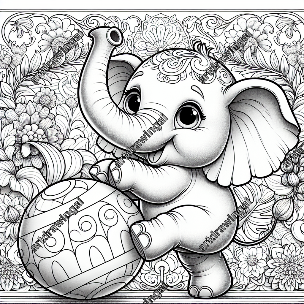 Enchanting cartoon-style elephant playing with a ball in a whimsical garden filled with oversized flowers and intricate tropical plants, perfect for coloring activities.