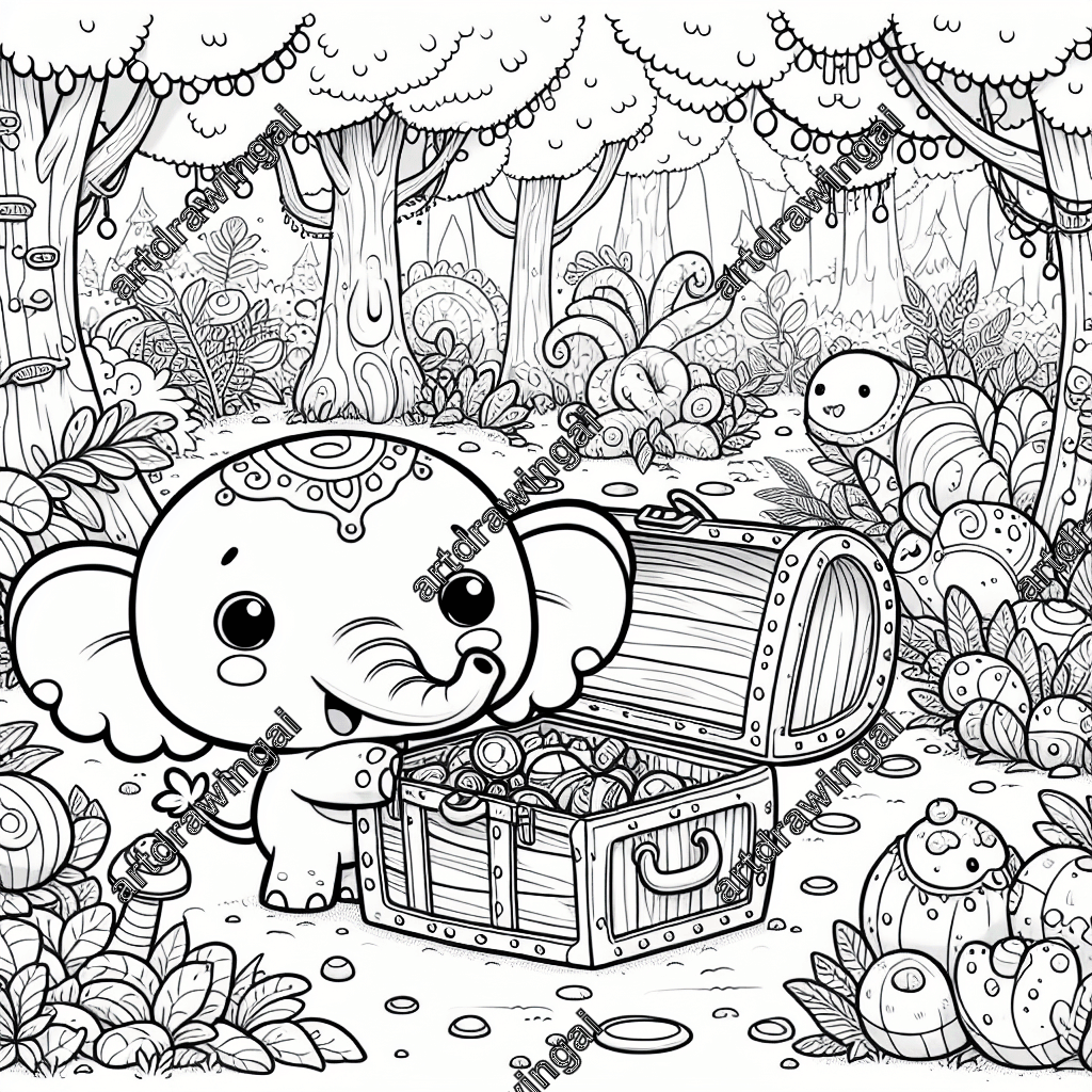 Cute cartoon elephant exploring treasure chest in whimsical forest, featuring unique plants, trees, and interesting fruits. Black and white line drawing with early 20th-century comic style, perfect for coloring.