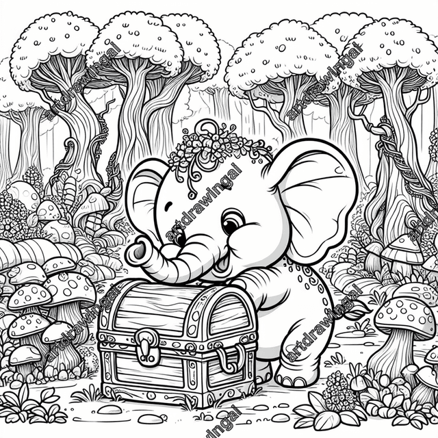 cartoon-style elephant exploring a treasure chest in a whimsical forest, featuring towering trees and unique mushroom patches, intricate line drawing for coloring and painting