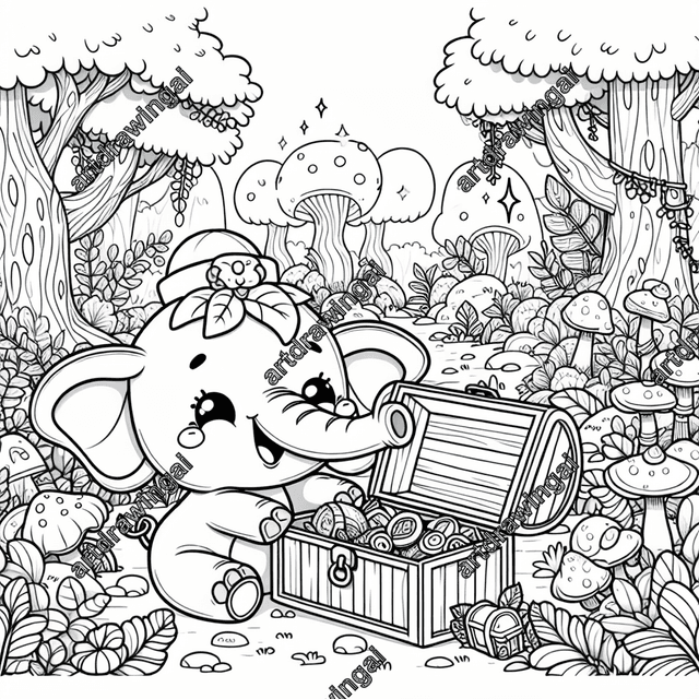 Cute cartoon elephant exploring treasure chest in whimsical forest, surrounded by vibrant vegetation and fungi, detailed line drawing for coloring activity.