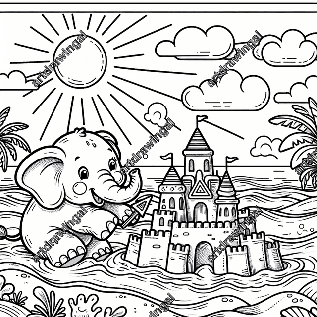 Cartoon-style elephant building a sandcastle on a sunlit beach, surrounded by crashing waves, palm trees, and a bright sun; detailed line art illustration perfect for coloring.