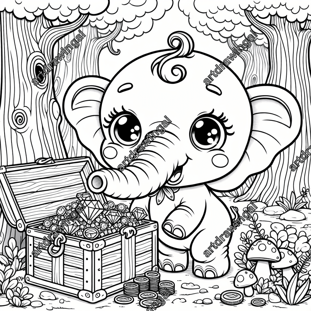 Cute cartoon elephant with big eyes and curled trunk curiously gazing at an open treasure chest filled with jewels and gold coins in a whimsical forest with tall knotted trees, mushrooms, and flowers, perfect for coloring.