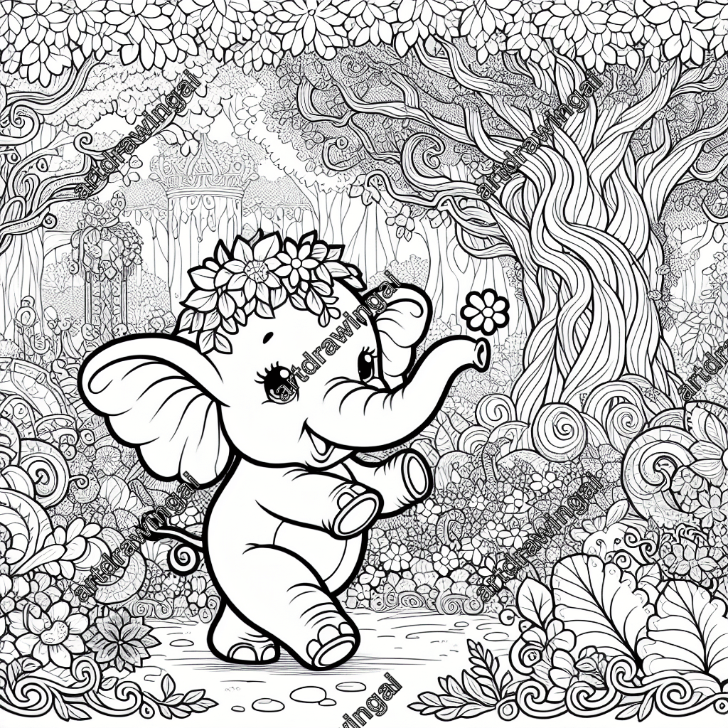 Cartoon-style elephant playing with a ball in a magical garden, surrounded by mystical flowers, twisting vines, and tall trees. Perfect for coloring with clear, distinct lines and spaces.