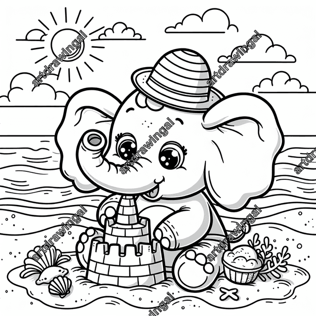 Playful cartoon elephant building a sandcastle on a sunny beach, surrounded by waves, shells, and starfish; detailed line drawing for coloring.