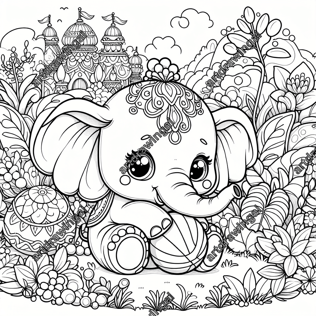 Cute cartoon-style elephant playing with a ball in a magical garden, surrounded by exotic plants and whimsical elements, hand-drawn illustration for coloring.