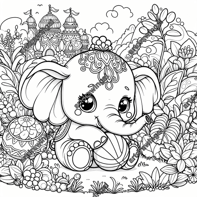 Cute cartoon-style elephant playing with a ball in a magical garden, surrounded by exotic plants and whimsical elements, hand-drawn illustration for coloring.