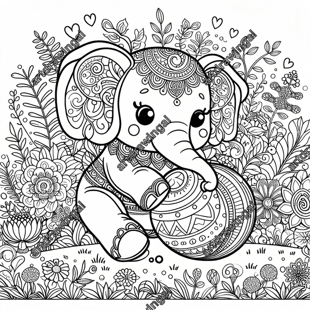 Cute cartoon elephant playing with a ball in a magical garden filled with flowers, plants, and whimsical elements, designed for coloring.