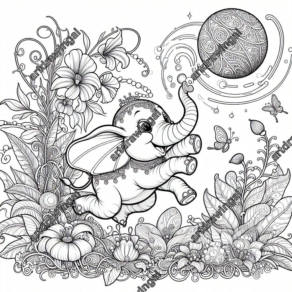 Charming cartoon elephant playing with a ball in a magical garden filled with enchanting flora and unique plants, detailed line drawing for coloring with whimsical expressions and clear outlines.