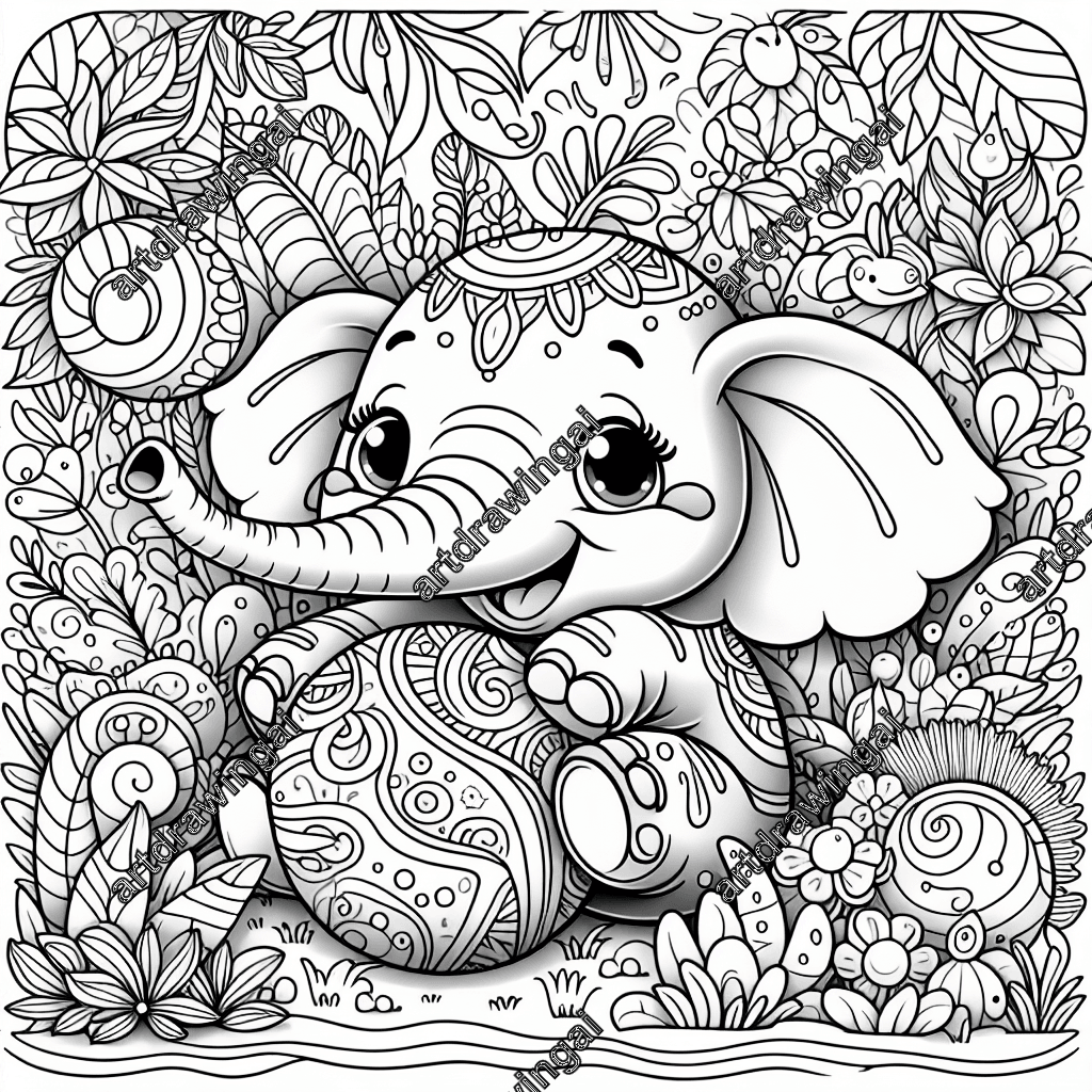 Charming cartoon elephant playing with a colorful ball in a whimsical magical garden filled with unusual plants and mystical creatures. Perfect for kids' coloring activities.