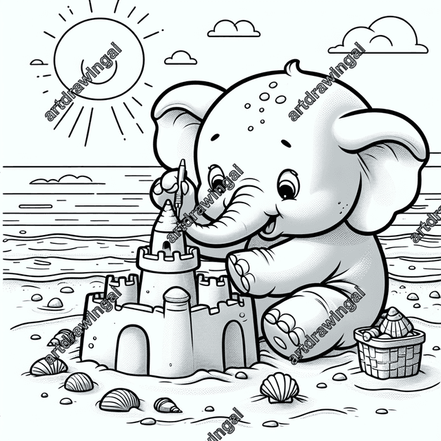 Cartoon-style elephant building a sandcastle on the beach, surrounded by seashells and soft waves, in detailed line art for coloring. The elephant displays childlike excitement, highlighting a playful, sunny day scene.