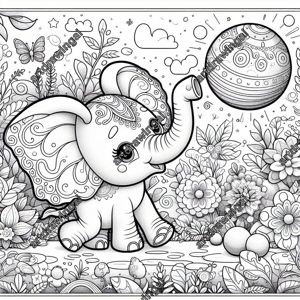 Cartoon-style elephant playing with a bouncing ball in a whimsical garden, featuring fantastical plants and enchanting elements, perfect for coloring activities.