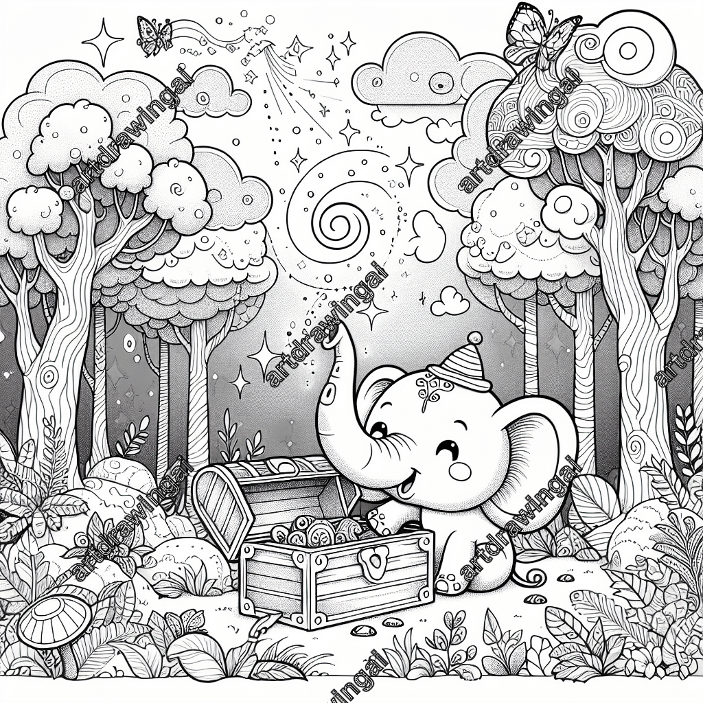 Whimsical cartoon-style elephant filled with delight and curiosity, discovering a treasure chest in a magical forest, surrounded by lively trees and fascinating plants, perfect for a coloring book.