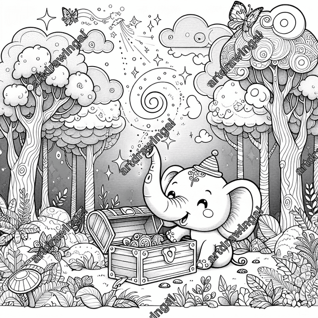 Whimsical cartoon-style elephant filled with delight and curiosity, discovering a treasure chest in a magical forest, surrounded by lively trees and fascinating plants, perfect for a coloring book.