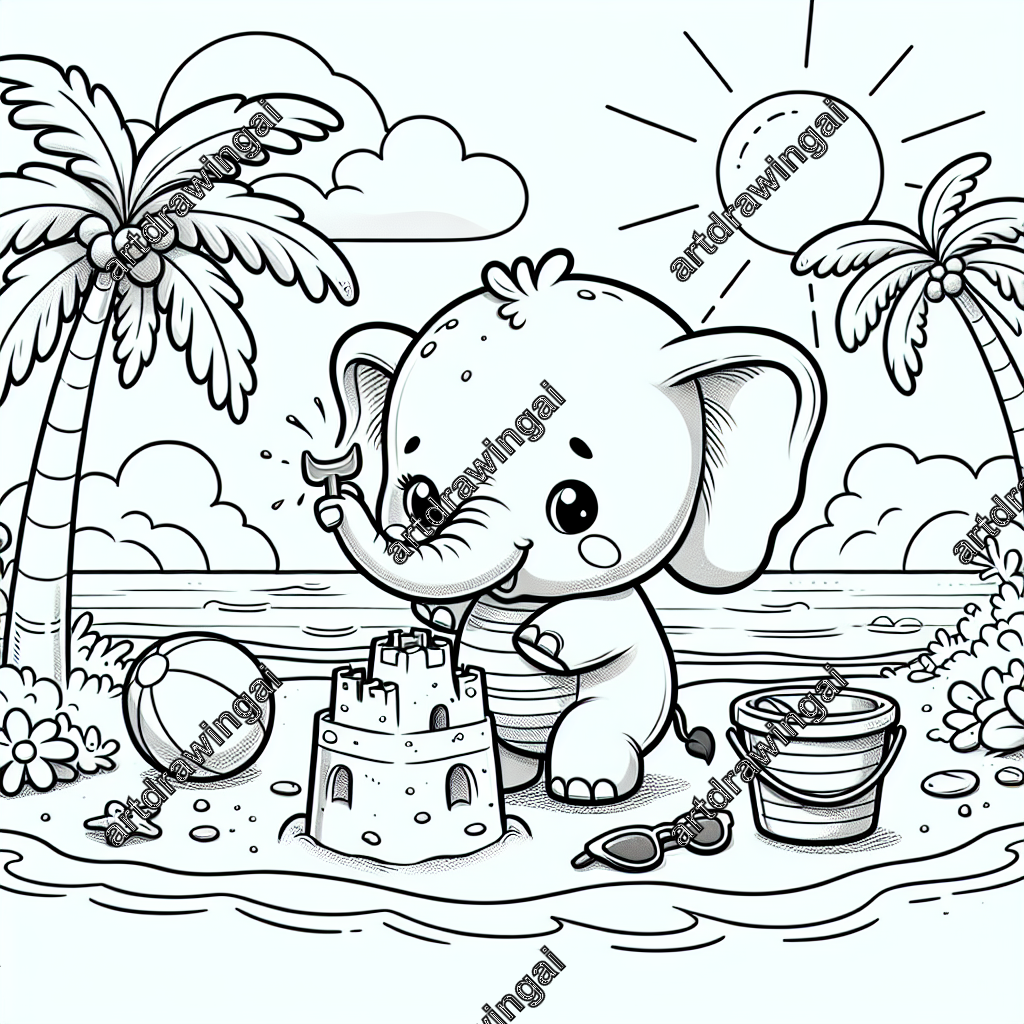 Cartoon-style line drawing of a cute elephant at the beach, joyfully building a sandcastle with a tiny shovel and bucket. The scene features palm trees, ocean waves, a bright sun, a beach ball, and sunglasses, all detailed for coloring. Perfect for children's art activities.