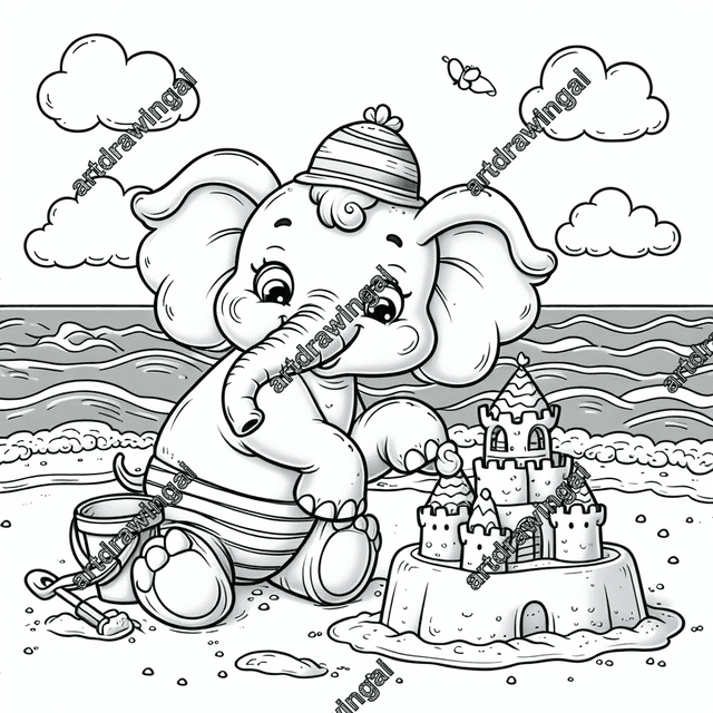 playful cartoon line drawing of a joyful elephant building an elaborate sandcastle at the beach, featuring gentle waves, white clouds, and a simple yet detailed style perfect for a coloring book.