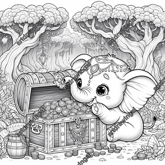 Cartoon-style elephant with expressive eyes exploring an open antique treasure chest full of gold coins and jewels, set in a whimsical forest with twisting trees and star-shaped flowers, ideal for children's coloring activities.