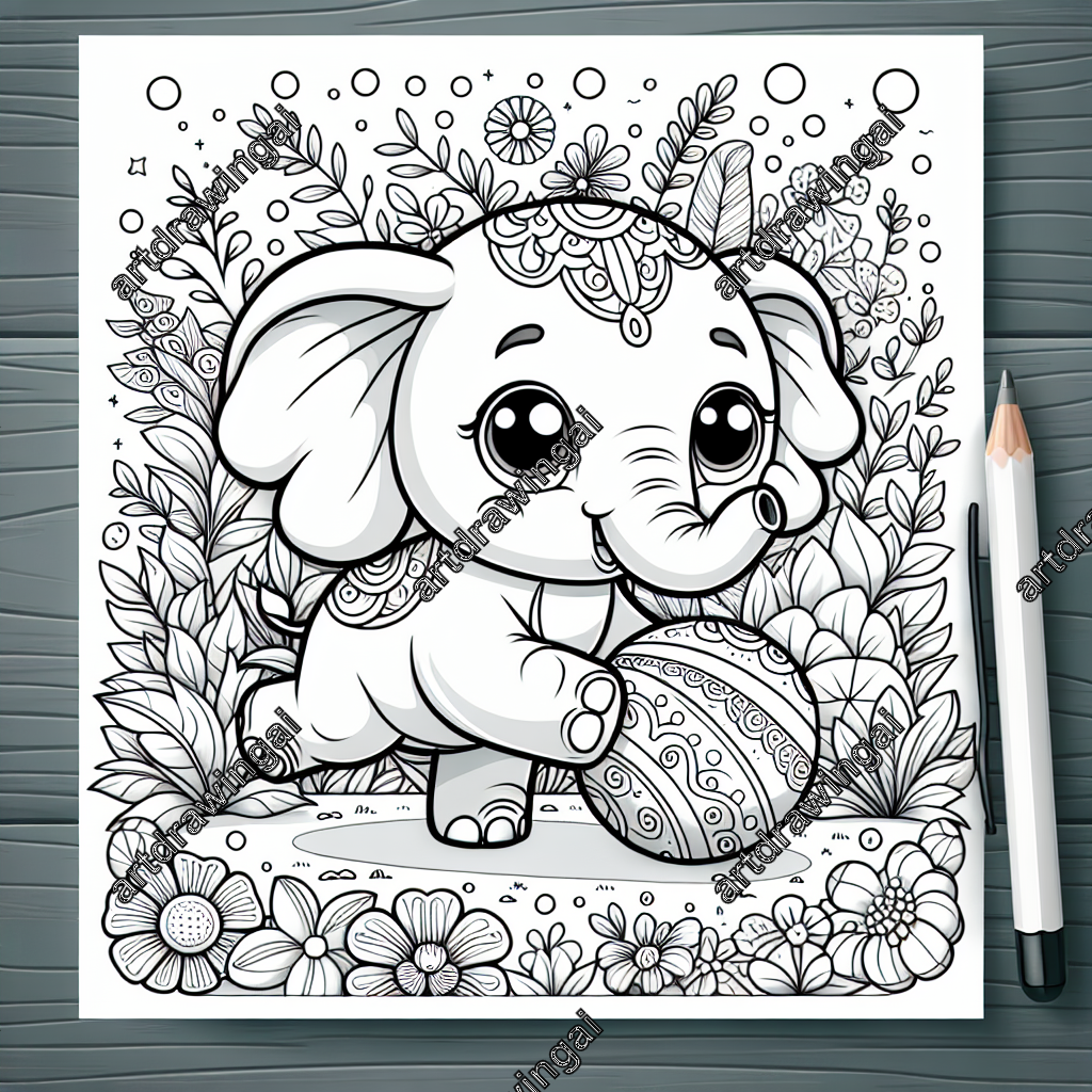 Playful cartoon elephant playing with a ball in a magical garden filled with diverse flowers, designed for a coloring activity.