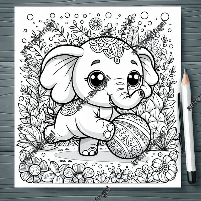 Playful cartoon elephant playing with a ball in a magical garden filled with diverse flowers, designed for a coloring activity.