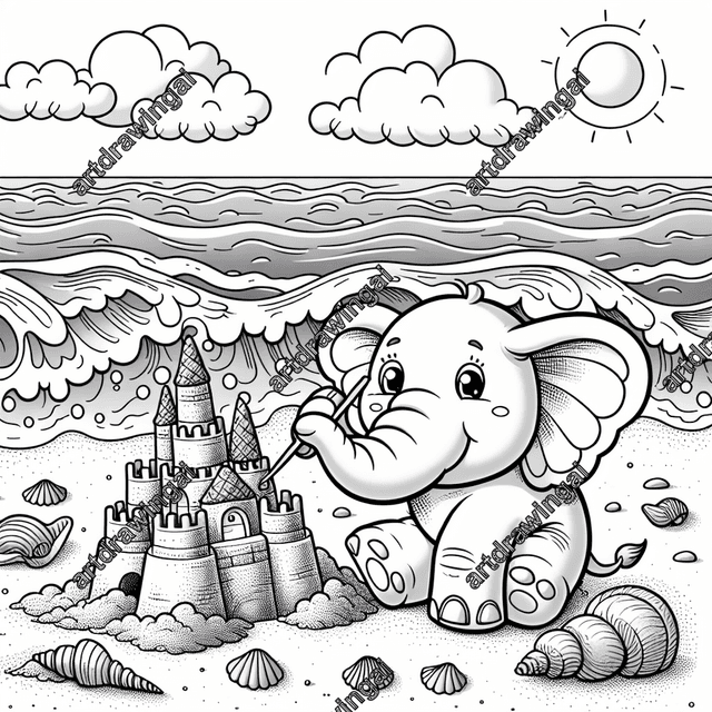 Whimsical cartoon elephant building a sandcastle on a beach, surrounded by textured shells, wet sand, and waves. Bright sun shines in the background, creating an inviting scene for coloring.