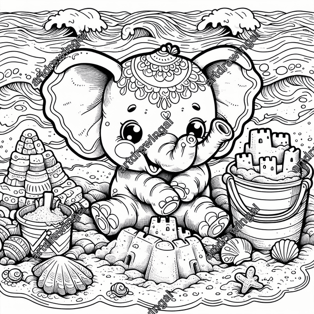 Detailed black and white line drawing of a cartoon elephant joyfully building a sandcastle at the beach, surrounded by a bucket, shovel, and sand piles, with ocean waves in the background and textured seashells nearby, ideal for coloring.