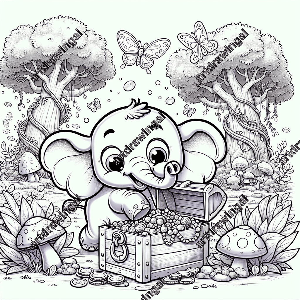 Cute cartoon elephant with big ears and curved trunk discovering treasure chest filled with pearls and gold coins in a whimsical forest with grass, vines, mushrooms, and butterflies. Line drawing suitable for coloring.