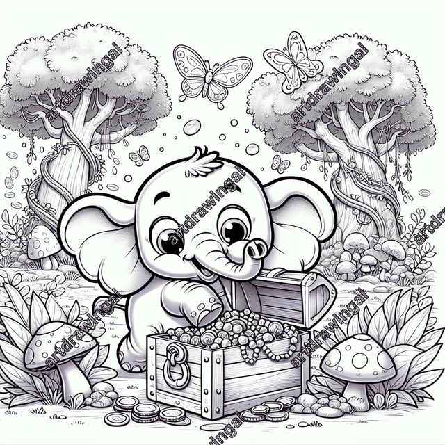 Cute cartoon elephant with big ears and curved trunk discovering treasure chest filled with pearls and gold coins in a whimsical forest with grass, vines, mushrooms, and butterflies. Line drawing suitable for coloring.