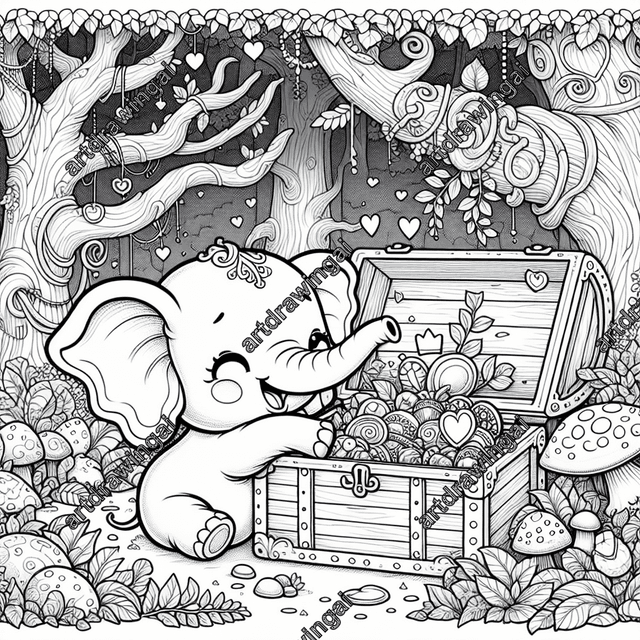 Cartoon-style line art elephant exploring an open treasure chest with shiny trinkets in a whimsical forest filled with twisted trees and colorful fungi, perfect for children's coloring book.