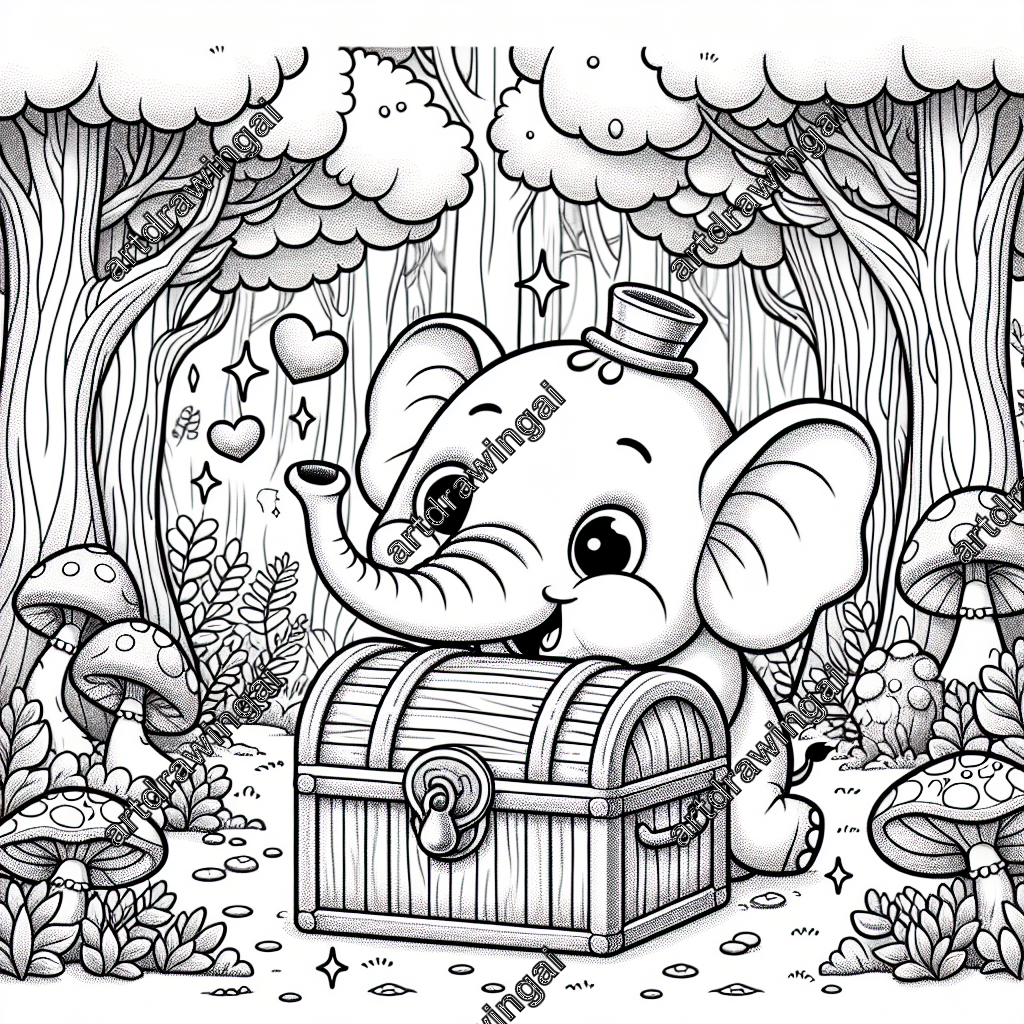 Cartoon-style line drawing of a cheerful elephant exploring a treasure chest in a whimsical forest, surrounded by curved tall trees and mushroom-topped trees, with floating stars and hearts, ideal for coloring activities.