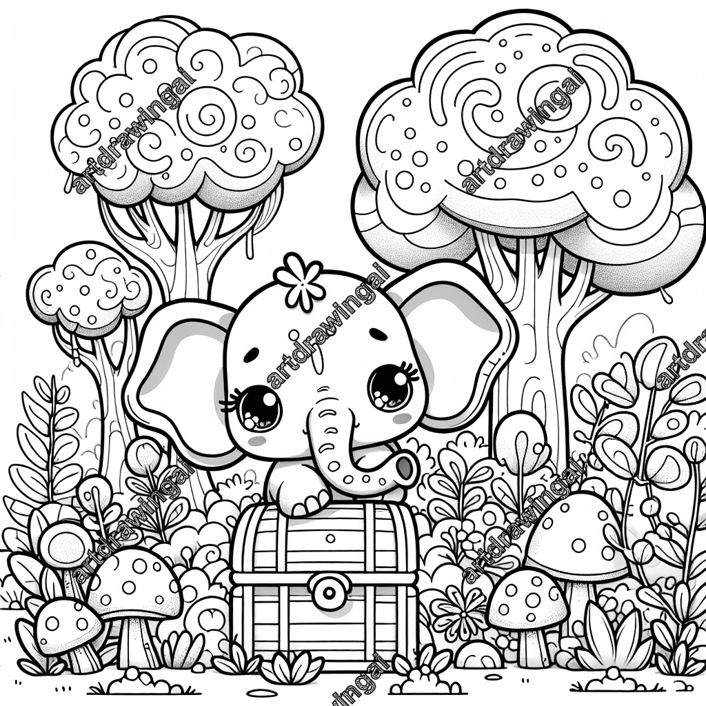 Adorable cartoon elephant with big ears and sparkling eyes exploring a treasure chest in a whimsical forest filled with quirky trees, colorful flowers, and mushrooms, perfect for coloring.