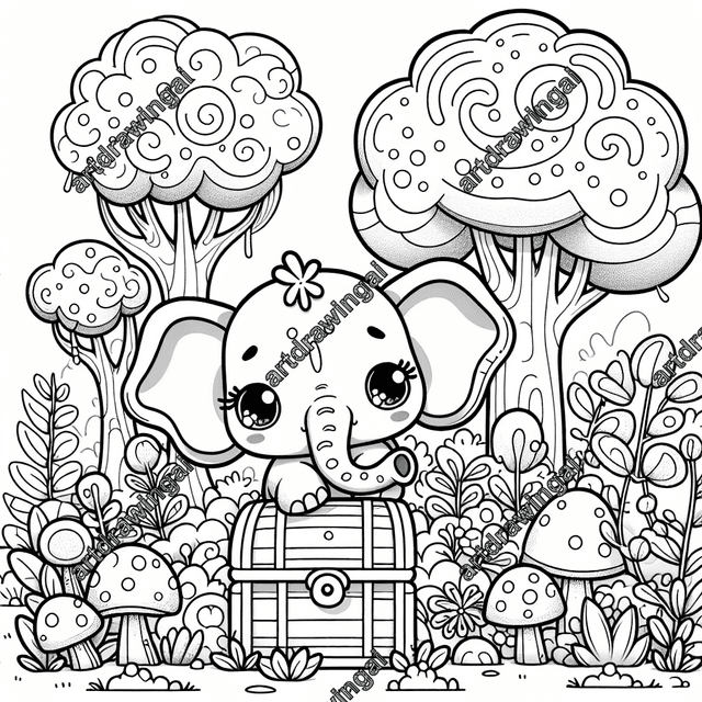 Adorable cartoon elephant with big ears and sparkling eyes exploring a treasure chest in a whimsical forest filled with quirky trees, colorful flowers, and mushrooms, perfect for coloring.