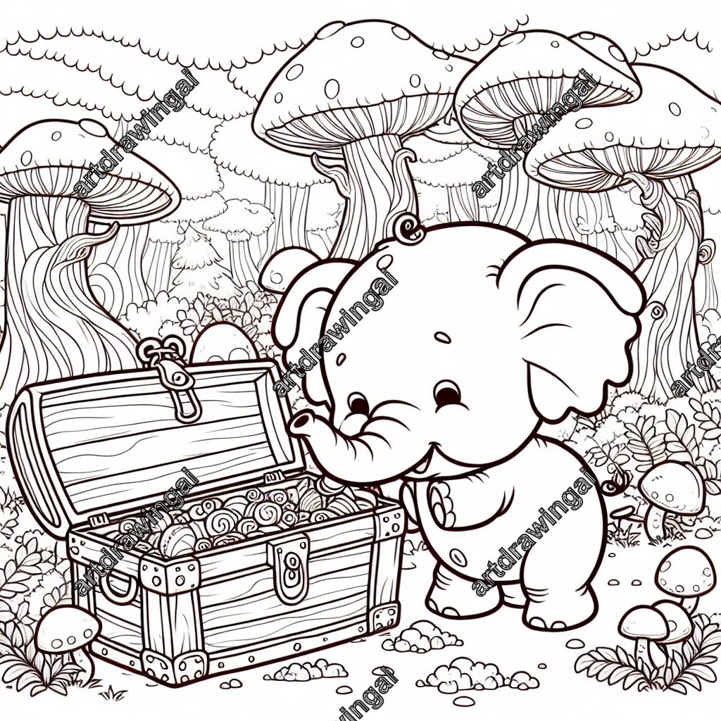 Cartoon-style line drawing of a lovable elephant exploring an open treasure chest in a whimsical forest with oversized mushrooms and twisted trees, designed for potential coloring.