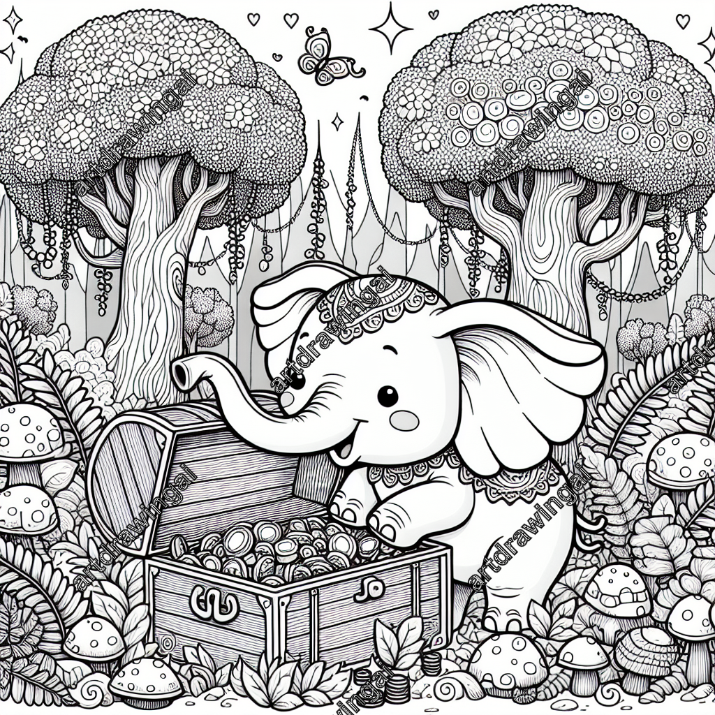 Cute cartoon-style elephant with large ears and coiled trunk exploring treasure chest filled with jewels and coins in whimsical forest surrounded by tall trees, unique leaves, mushrooms, and ferns, perfect for coloring activity.