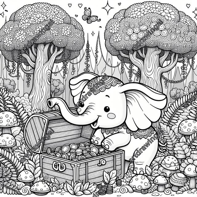 Cute cartoon-style elephant with large ears and coiled trunk exploring treasure chest filled with jewels and coins in whimsical forest surrounded by tall trees, unique leaves, mushrooms, and ferns, perfect for coloring activity.