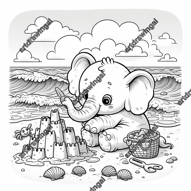 A cute cartoon elephant building a sandcastle at the beach, with waves crashing, seashells scattered around, and a playful crab nearby. Detailed line drawing style for coloring, reminiscent of vintage children's book illustrations.