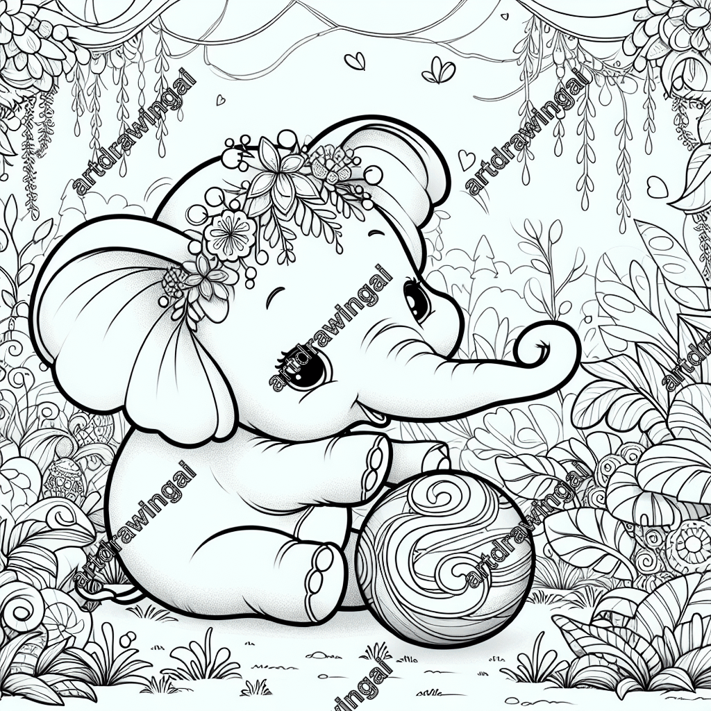 Charming cartoon-style elephant playing with a ball in a magical garden, featuring lush plants and whimsical elements, designed for coloring with clear outlines.