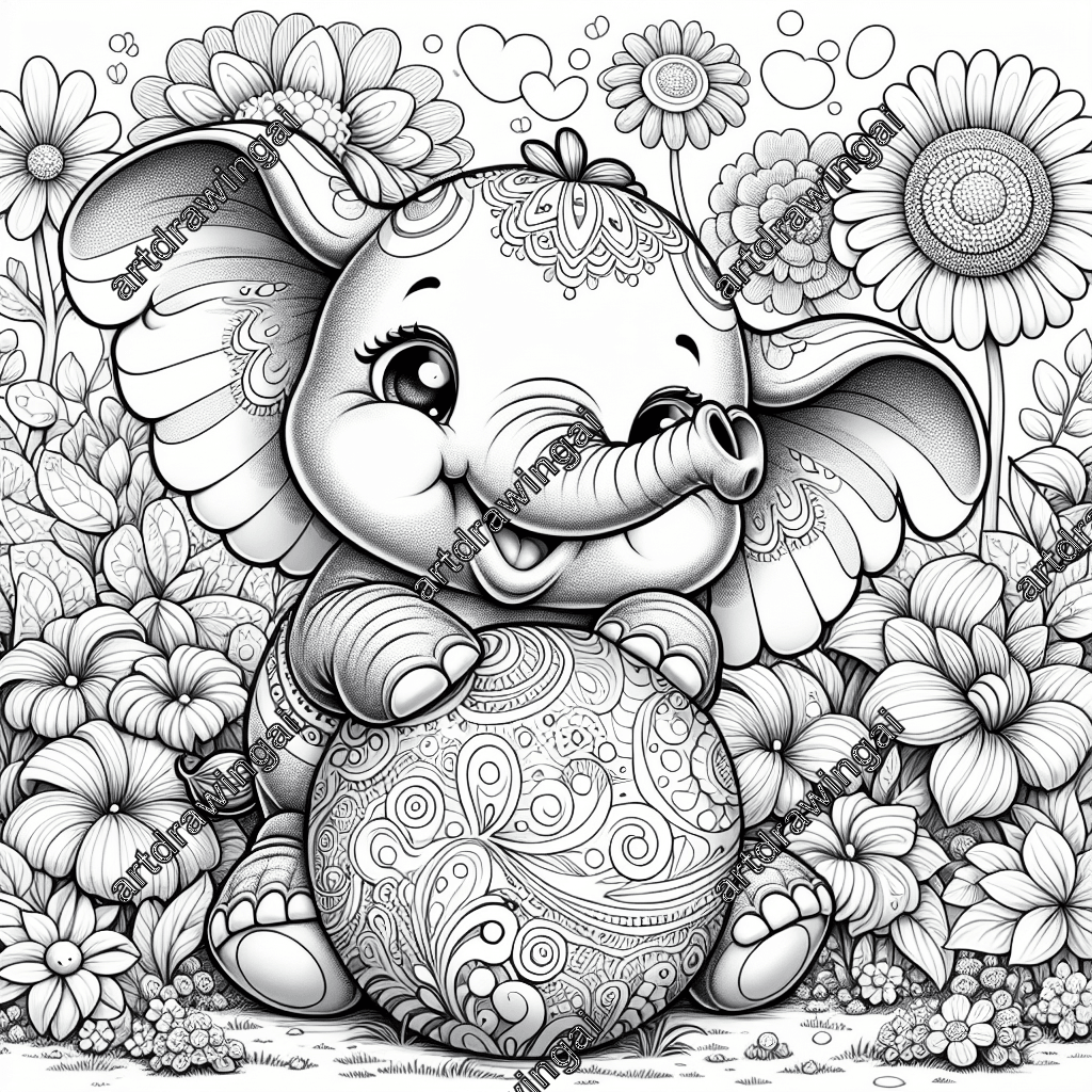 Cartoon elephant with large ears and a curved trunk playing joyfully with a colorful ball in an enchanted garden filled with oversized flowers, perfect for a coloring project.