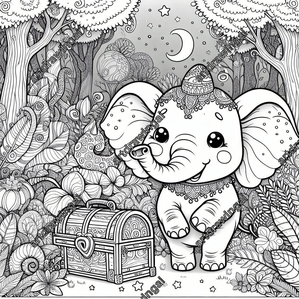 Cheerful cartoon elephant curiously exploring a treasure chest in a whimsical forest filled with intricate flora for a delightful coloring experience.