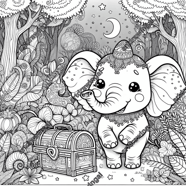 Cheerful cartoon elephant curiously exploring a treasure chest in a whimsical forest filled with intricate flora for a delightful coloring experience.