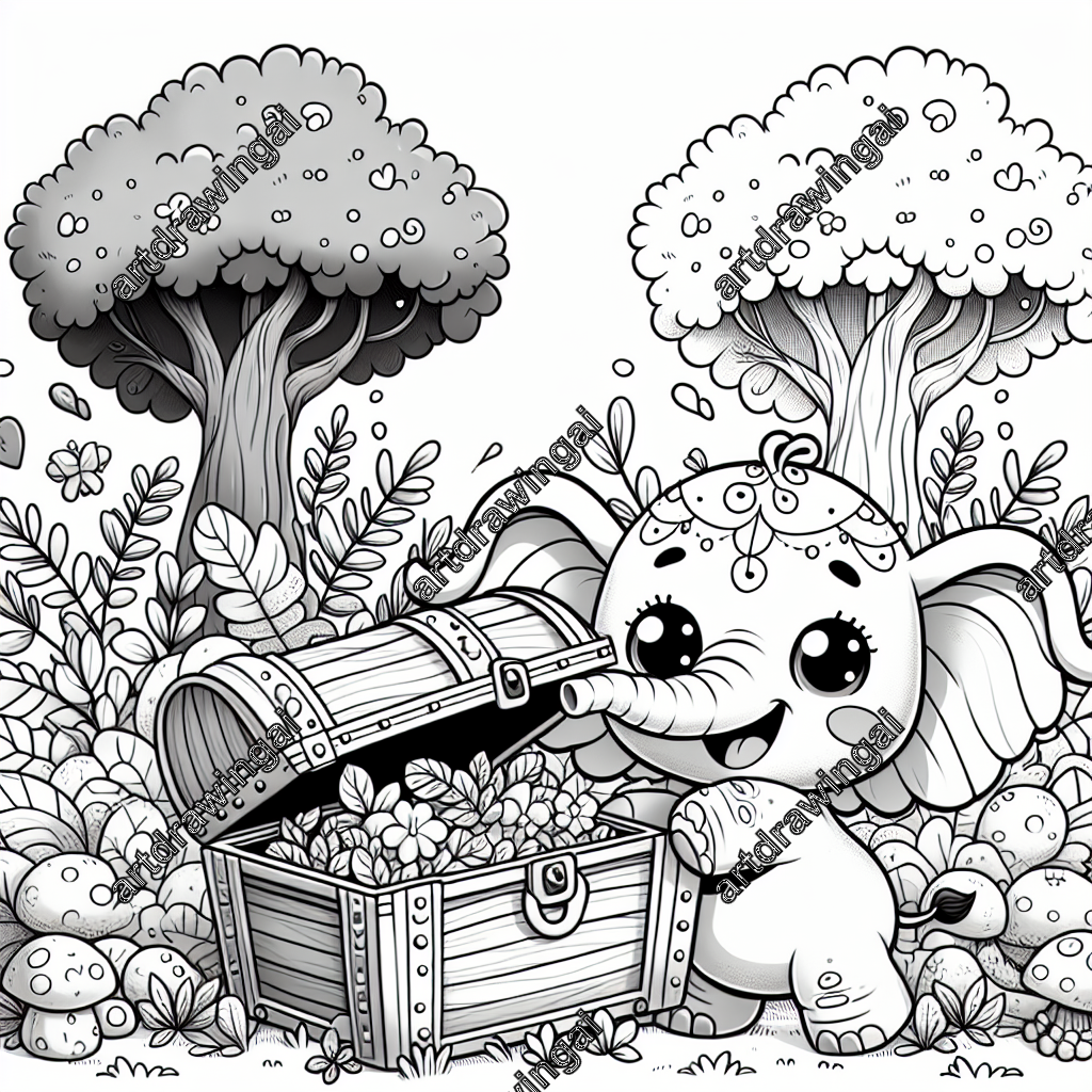 Monochrome line art illustration of a joyful cartoon elephant peeking into a treasure chest in a whimsical forest, featuring tall trees, curling vines, dotted mushrooms, and blooming flowers, designed for a detailed coloring experience.