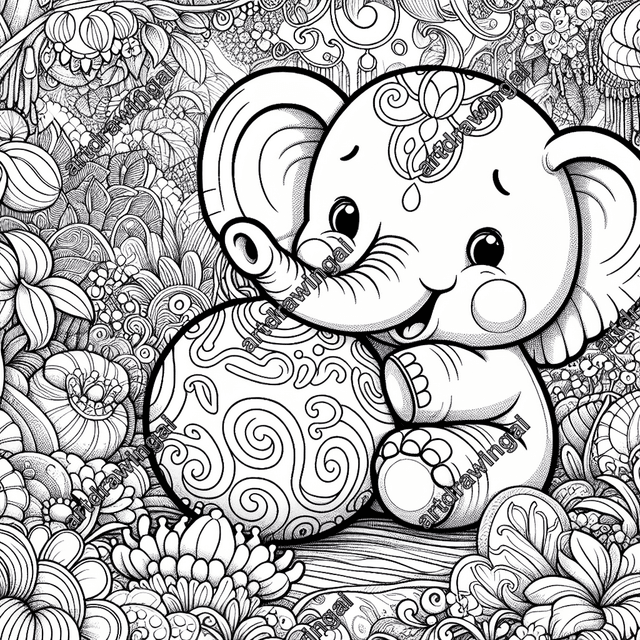 Detailed line drawing of a cute, jovial elephant playing with a bouncy ball in a magical garden filled with exotic flowers and overgrown plants, inspired by early 20th-century cartoon style. The illustration invites coloring, featuring broad and fine spaces for adding vibrant hues while exuding an enchanting and joyful atmosphere.