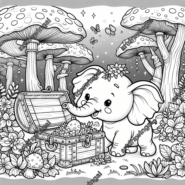 Charming cartoon-style elephant exploring enchanted forest with treasure chest, whimsical mushroom trees, flowers, and fireflies, perfect for coloring.